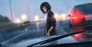 動漫女孩站在雨中，旁邊是亮著紅色尾燈的汽車。 — 美麗的動畫 壁紙