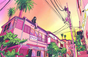 動漫女孩坐在日落時分熱帶城市街道上粉紅色建築物的屋頂上。 — 紫色動漫美學 壁紙