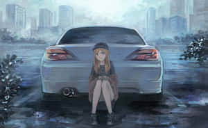 動漫女孩坐在車旁，背景是下雨的城市景觀和霧氣瀰漫的建築物。 — 動漫汽車 壁紙