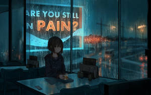 動漫女孩獨自在雨夜酒吧，霓虹燈牌反射在濕窗上。
