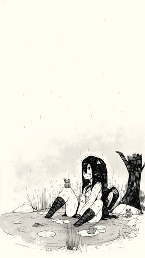動漫女孩坐在雨中的池塘邊，有青蛙和睡蓮。 — 我的英雄學院 壁紙