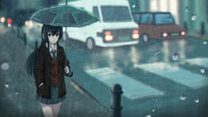 穿著校服的動漫女孩在雨中的城市街道上撐著綠色雨傘。 — 美麗的動畫 壁紙