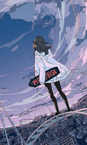 動漫女孩穿著白色外套，拿著滑板站在雲霄飛車上，俯瞰暮色中的城市。 — 日本動漫 壁紙