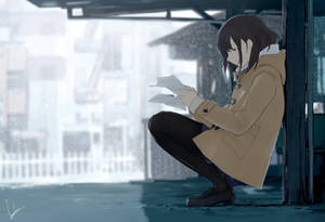 動漫女孩穿雨衣在天橋下讀信 — 獨自一人 壁紙