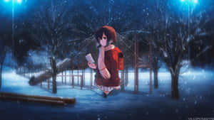 紅外套動漫女孩在夜晚雪公園中，藍光下手持信件。 — 東京 壁紙