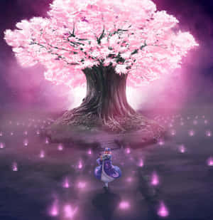 動漫女孩穿著紫色連衣裙，站在魔法粉紅色風景中的發光櫻花樹前。 — Pixel 10 Pro Fold 壁紙