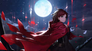 動漫女孩穿紅色斗篷在滿月下，夜晚有花瓣飄落。 — Rwby 壁紙