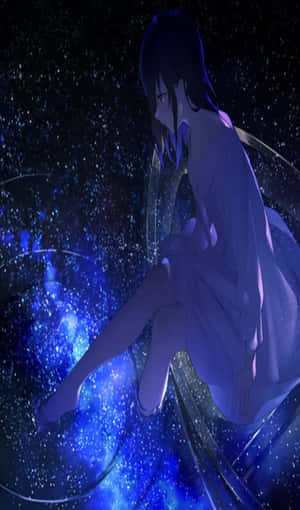 動漫女孩穿著飄逸的連衣裙漂浮在繁星點點的藍色星雲中。 — 動畫女孩 壁紙