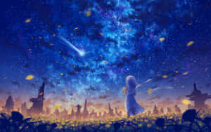 動漫女孩在田野中觀看流星在星空藍天中。 — 動漫風景美圖 壁紙