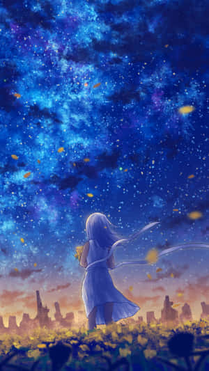 藍色連衣裙的動漫女孩站在黃色花中，在落葉的星空下。 — 動漫 壁紙