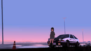 動漫女孩在AE86車旁，黃昏時分粉紅和藍色天空 — 動漫汽車 壁紙