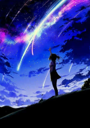 動漫女孩在夜晚伸手，色彩繽紛的流星劃過星空。 — 動漫 壁紙