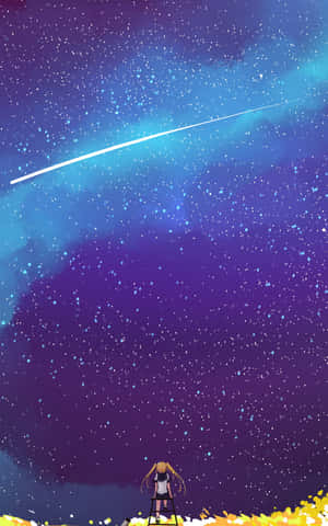 動漫女孩在梯子上觀看星空中的流星。 — 動漫 壁紙