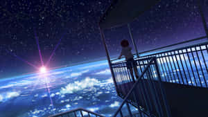 動漫女孩在觀景台上看著發光藍色行星上方的星空。 — 4K 太空人 壁紙