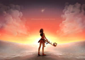 動漫女孩在雪地夕陽中手持鑰刃 — 王國之心 壁紙