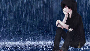 動漫角色穿著黑色連帽衫獨自坐在下雨的藍色場景中。