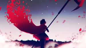 動漫戰士披紅色斗篷持鐮刀站在暮色薄霧山丘上。 — Rwby 壁紙