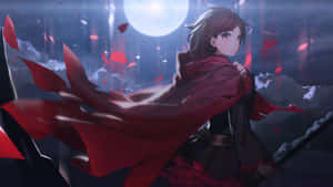 動漫角色穿著紅色斗篷，在滿月下持劍，花瓣飄落。 — Rwby 壁紙