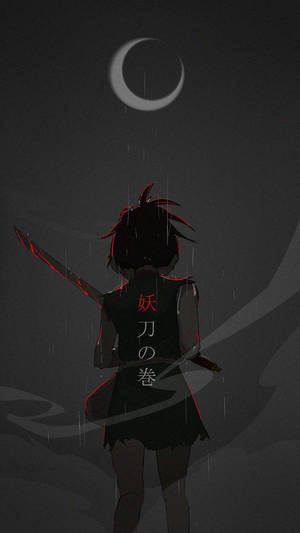 動漫角色手持紅色劍，站在雨中的新月下。 — 月落 壁紙
