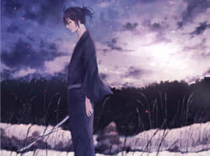 動漫武士在雪地上，紫色黃昏天空，飄落櫻花。 — 櫻島麻衣 壁紙