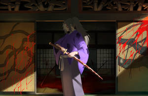 動漫武士穿紫色長袍在血跡斑斑的房間中持刀。 — 紫色動漫美學 壁紙