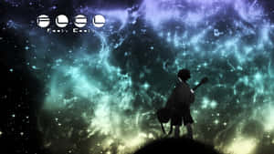 動漫男孩拿著吉他，在發光的宇宙星雲襯托下形成剪影。 — FLCL 壁紙