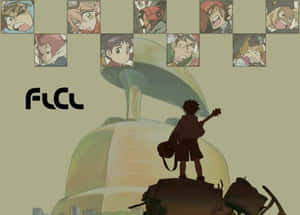動漫男孩拿著吉他站在巨型機器人上，周圍漂浮著角色面孔。 — FLCL 壁紙