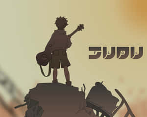 動漫男孩拿著吉他站在岩石廢墟上，夕陽西下。 — FLCL 壁紙