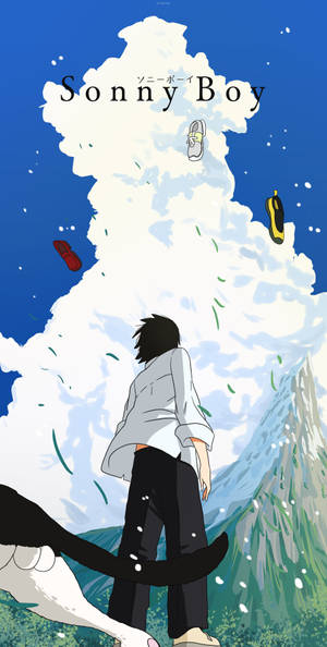 動漫男孩站在懸崖上看著帶有漂浮鞋子和葉子的雲。 — 惡魔城 壁紙