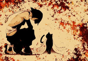 動漫男孩和貓被溫暖色調的落葉包圍。 — 小熊維尼狡猾 壁紙