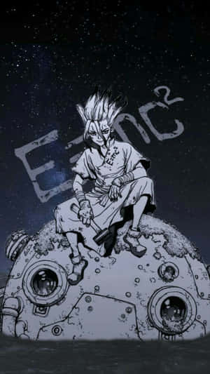動漫角色坐在破損的太空船上，背景是星空。 — Dr.STONE 新石紀 壁紙