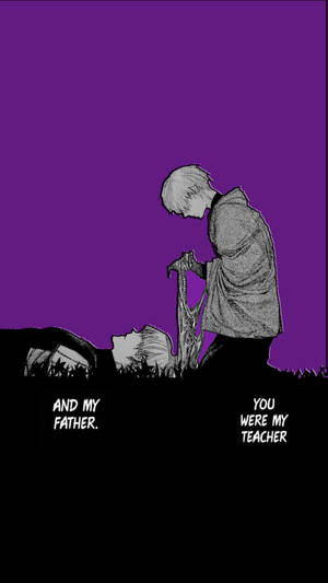 動漫角色手持法杖對著倒下的身影，帶有文字「AND MY FATHER. YOU WERE MY TEACHER」，背景為紫色天空。 — 東京喰種風格 壁紙