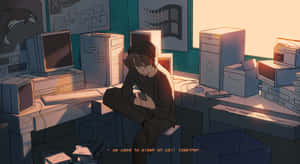 動漫角色被舊電腦包圍，在夕陽下。 — 威爾伯·索特 壁紙