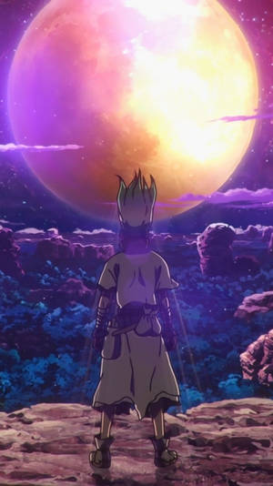 動漫角色站在外星行星上，在巨大的發光月亮下 — 高畫質月亮 壁紙