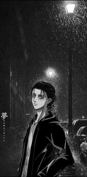 動漫角色在雨夜的城市街道上，站在發光的路燈下。 — 進擊的巨人 角色 壁紙
