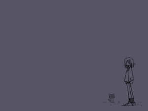一個女孩和貓獨自站在深紫色空間中，極簡線條藝術。 — FLCL 壁紙