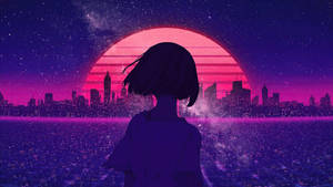 動畫女孩看著粉紅色夕陽落在未來城市天際線下，星空背景 — 可愛粉色女孩 壁紙
