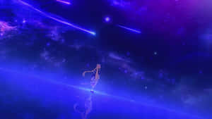 動畫女孩在佈滿流星的宇宙星空中漂浮，周圍有發光的星雲。 — 星空動畫 壁紙
