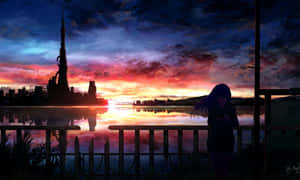 動畫女孩觀看未來城市天際線在水中的倒影，夕陽西下。 — 冬季風景 壁紙