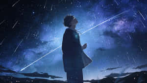 動畫男孩站在星空下觀看流星。 — 美學深藍 壁紙
