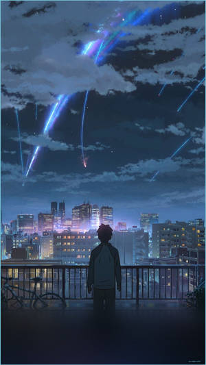 動畫男孩在城市陽台上觀看夜空中的藍色光帶。