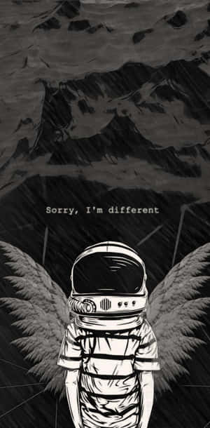 太空人帶著天使翅膀站在暴風雨山前，上面寫著 sorry i'm different。 — 午夜 壁紙