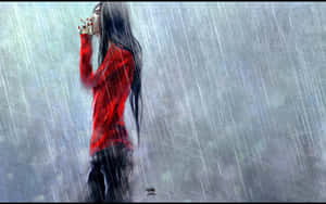 穿紅色外套的女人在大雨中抽煙。 — 三島一八 壁紙