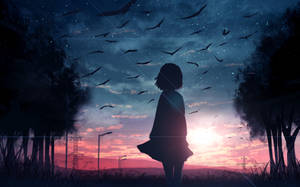 女孩在黃昏時獨自站立，鳥兒在星空下飛翔。 — 動畫女孩 壁紙