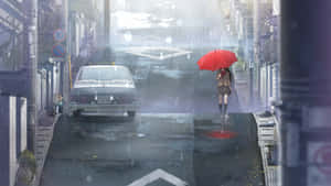 女孩撐紅傘在雨中城市街道行走，復古汽車駛過。 — 電玩遊戲 GIF 壁紙