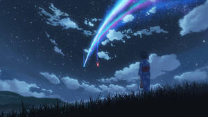 穿著和服的女孩在星空夜空中觀看彩色流星墜落 — 不思議遊戯 壁紙