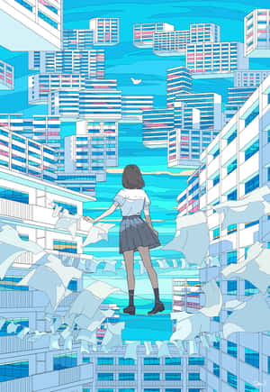 穿著校服的女孩站在超現實藍色城市景觀中的漂浮平台上。 — 美學動漫手機 壁紙