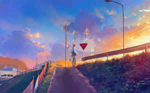 女孩獨自站在日落時分的鄉村道路上，天空鮮豔，有路標。 — 日落 壁紙