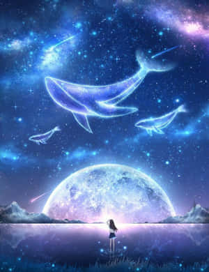 女孩站在水邊看著發光鯨魚在巨大月亮上方的星空中游動。 — 動漫 壁紙
