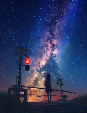 女孩在鐵路平交道，在充滿銀河和流星的鮮豔星空下。 — 動漫 壁紙
